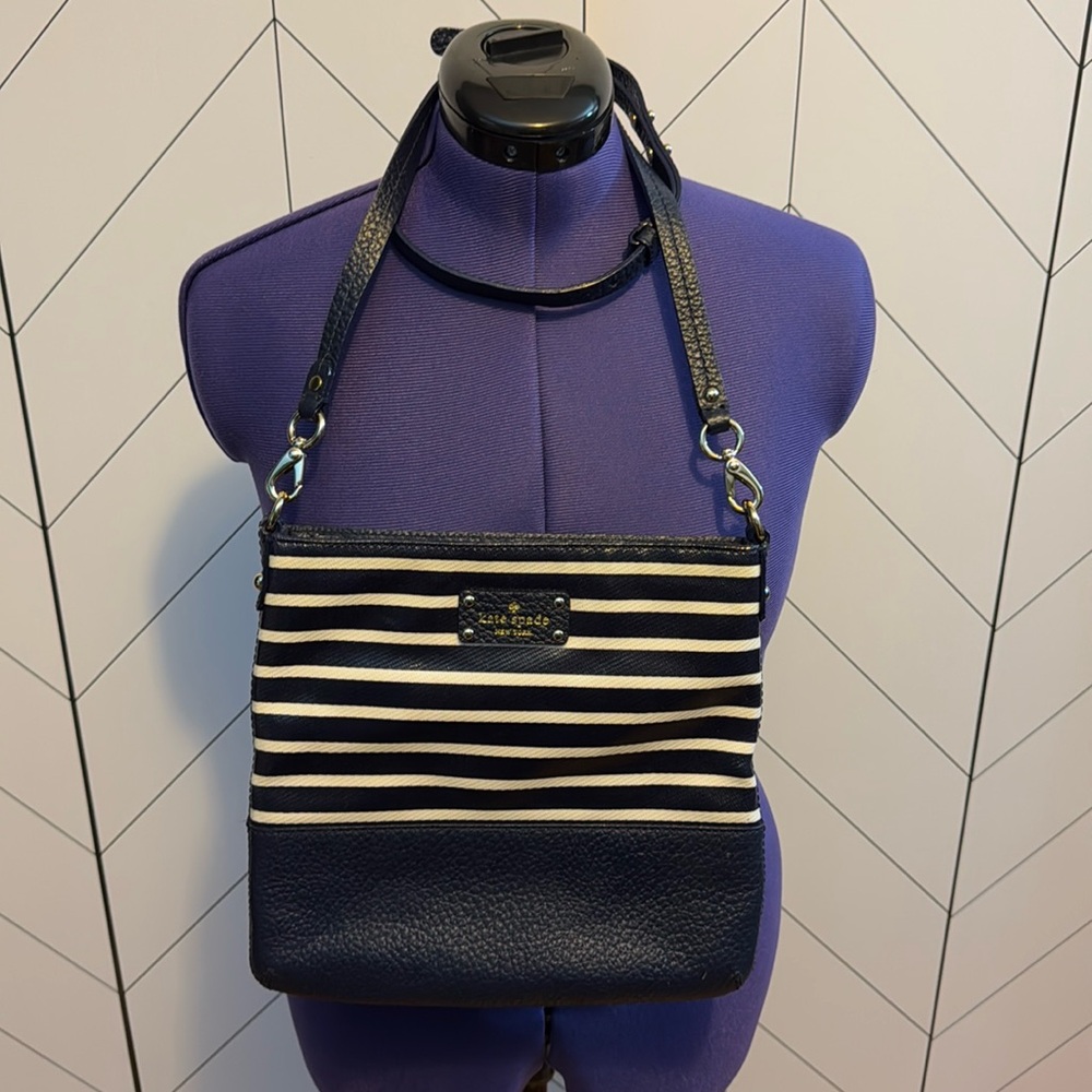 Kate Spade Navy Blue White Striped Leather Crossbody Zipper Purse Bag